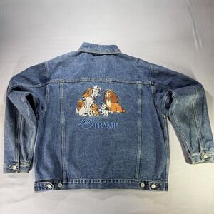 Disney Catalog Lady and the Tramp Embroidered Denim Jacket Large Medium Wash Vtg